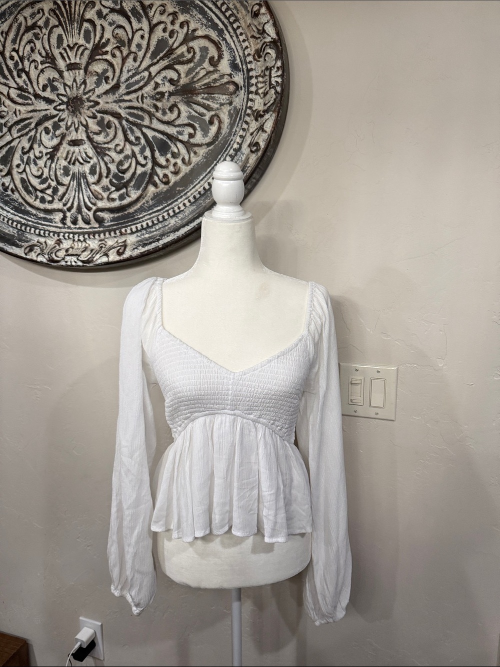 Hollister White Smocked Peplum Long-Sleeve Blouse